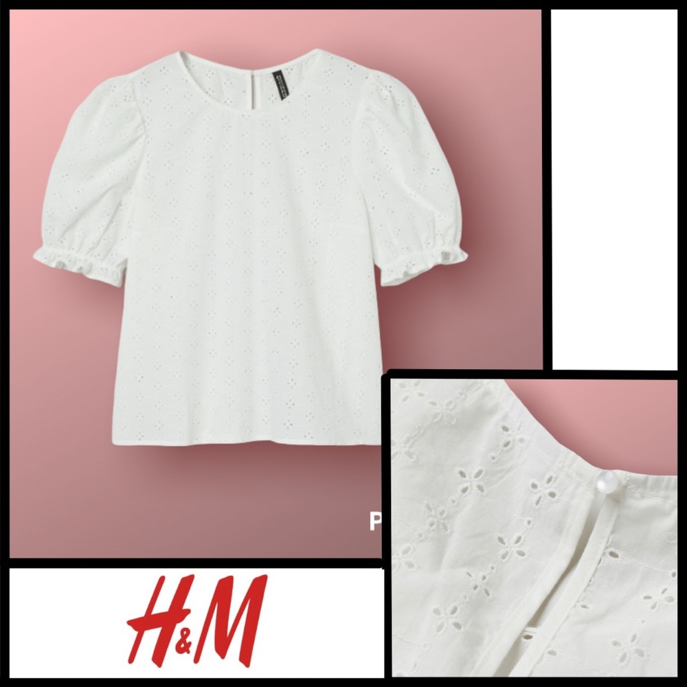 DIVIDED H&M Boho Cute Eyelet Lace Top Round Neckline Puff Sleeves White Medium